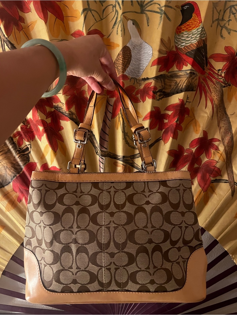Coach Brown Signature Canvas Shoulder Bag with Tan Leather Trim